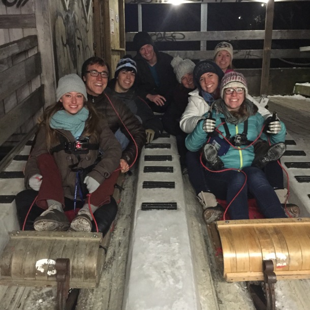 Quebec loves winter sports. The Castillo Lab+ honorary member Mallory enjoying a toboggan race at a large slide just outside the Chateau. Quebec also features many ice skating rinks and trails.   